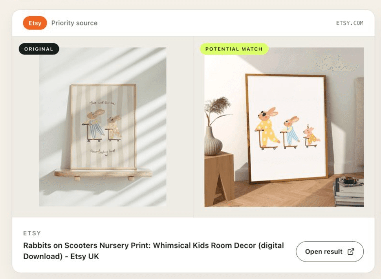 Copywatch result showing my partner's original rabbits-on-scooters artwork beside a potential match found on Etsy
